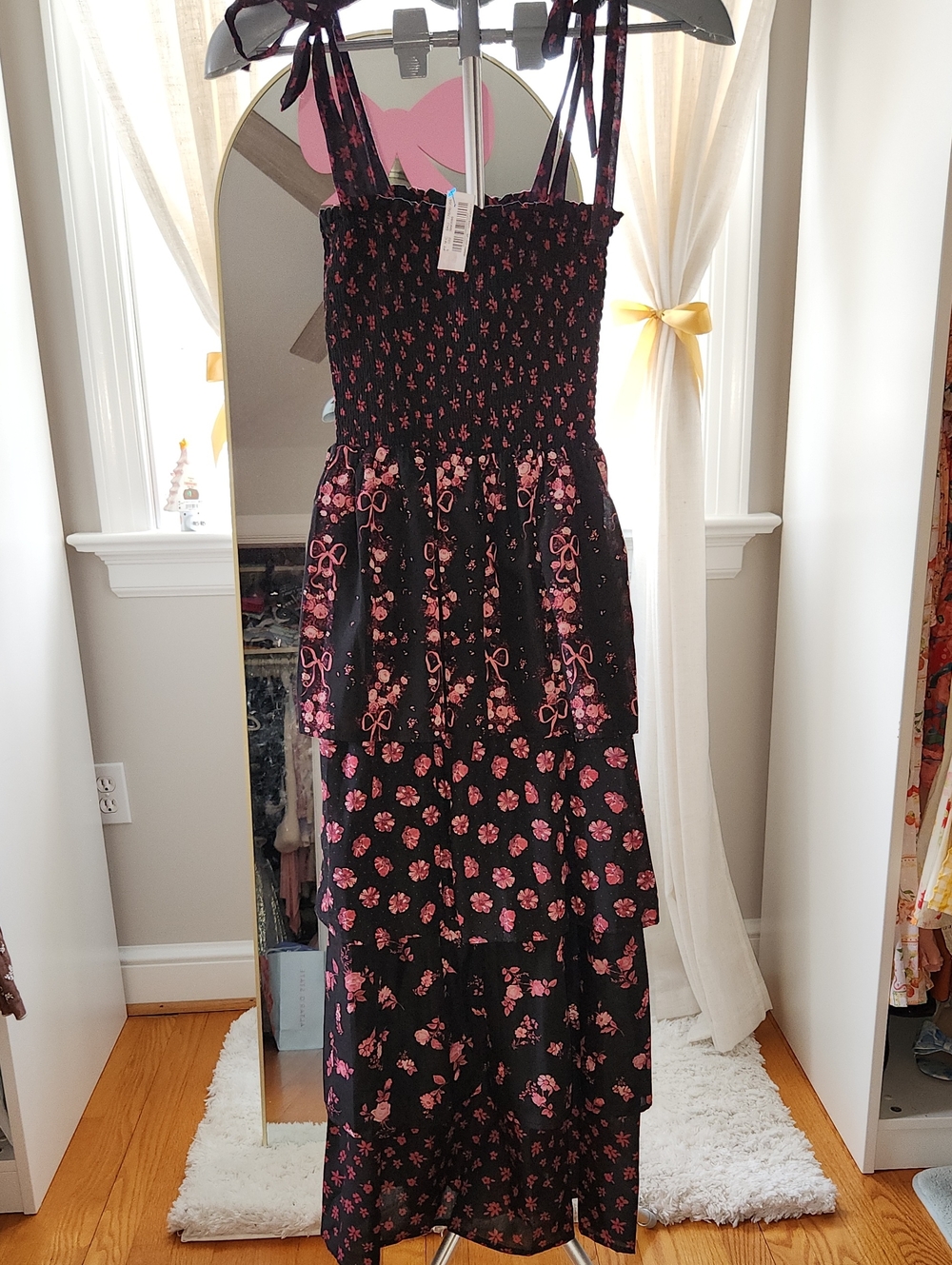Black & Pink Floral Tiered Maxi Dress